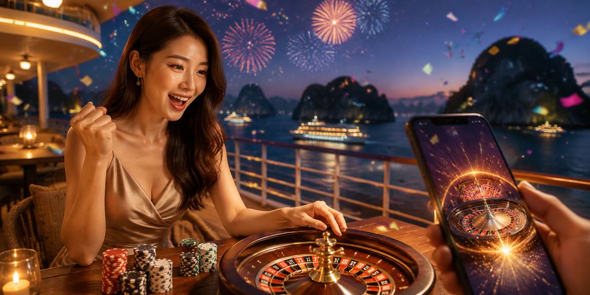 Người chơi thư giãn tại vịnh Hạ Long trải nghiệm roulette trực tuyến trên di động cùng cà phê Việt